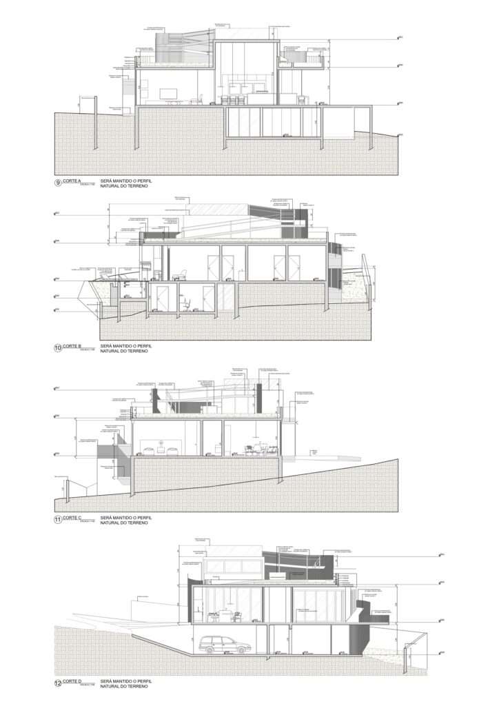 Technical architectural drawings detailing four distinct cross-sections of Casa Circular, illustrating the multi-level ramp gradients, double-height spaces, and underground excavation.