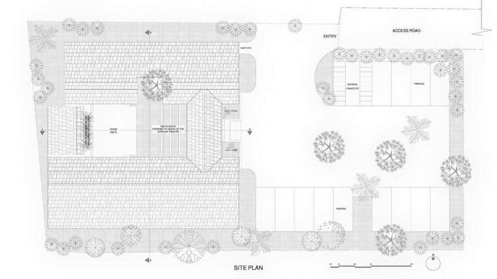 Monochrome architectural site plan drawing of Shala Twam showing the building layout, access roads, and surrounding landscape elements.