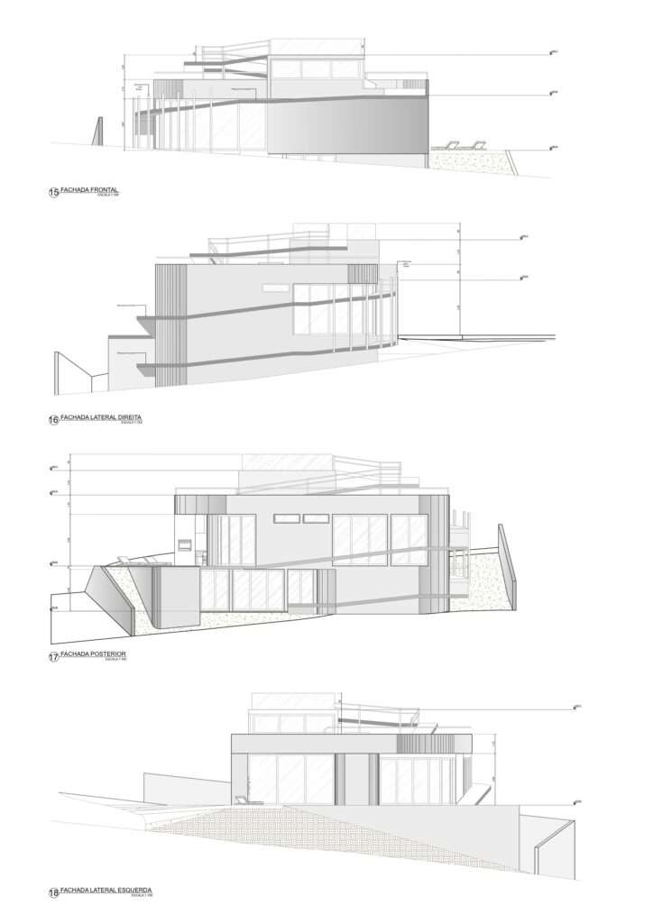 Black and white architectural elevation drawings of Casa Circular showing the front, rear, and both side facades with the spiraling external ramp trajectory outlined.