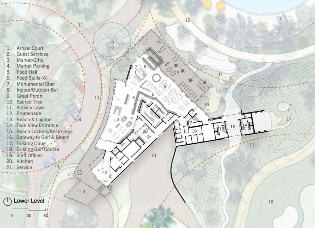 Lower level floor plan diagram of The Landing at Evermore, detailing guest services, market, food hall, and back-of-house logistics.