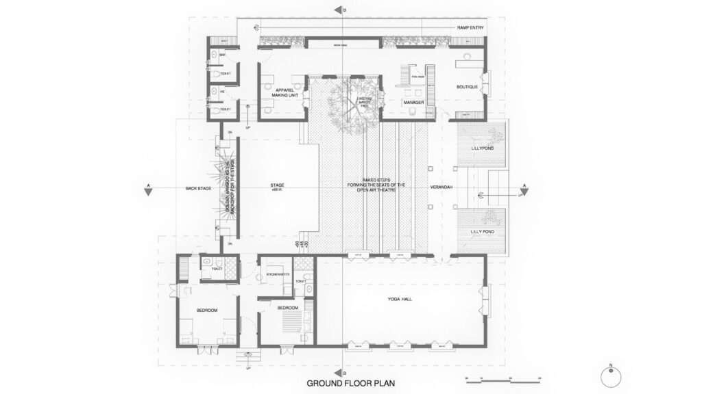 Detailed architectural ground floor plan layout highlighting the yoga hall, apparel making unit, central stage, and courtyard spaces.