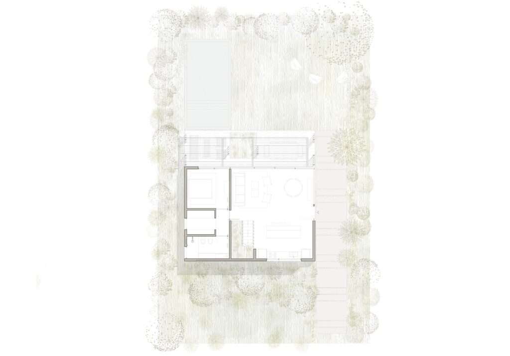Architectural floor plan of the ground floor of JR House showing the layout of living spaces, garden, and pool area.