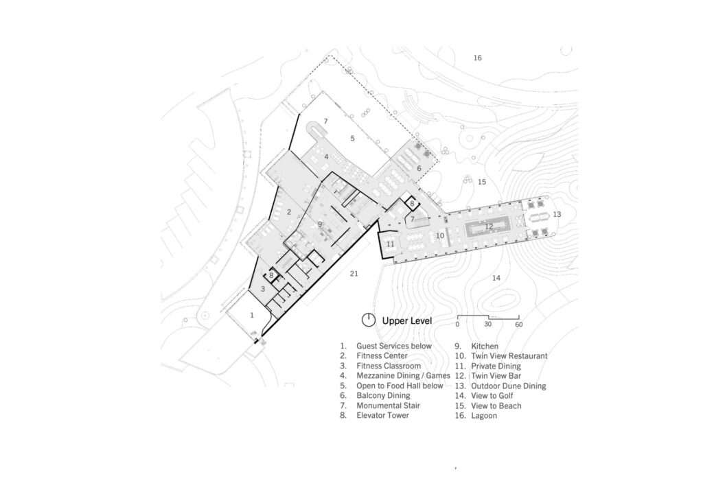 Upper level floor plan diagram of The Landing at Evermore, showing the fitness center, mezzanine dining, and the elevated Twin View restaurant wing.
