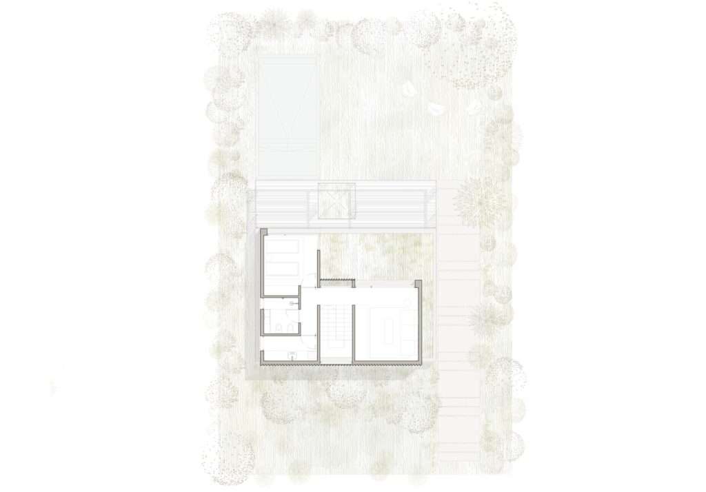 Architectural floor plan of the upper level of JR House showcasing private zones and spatial arrangement.