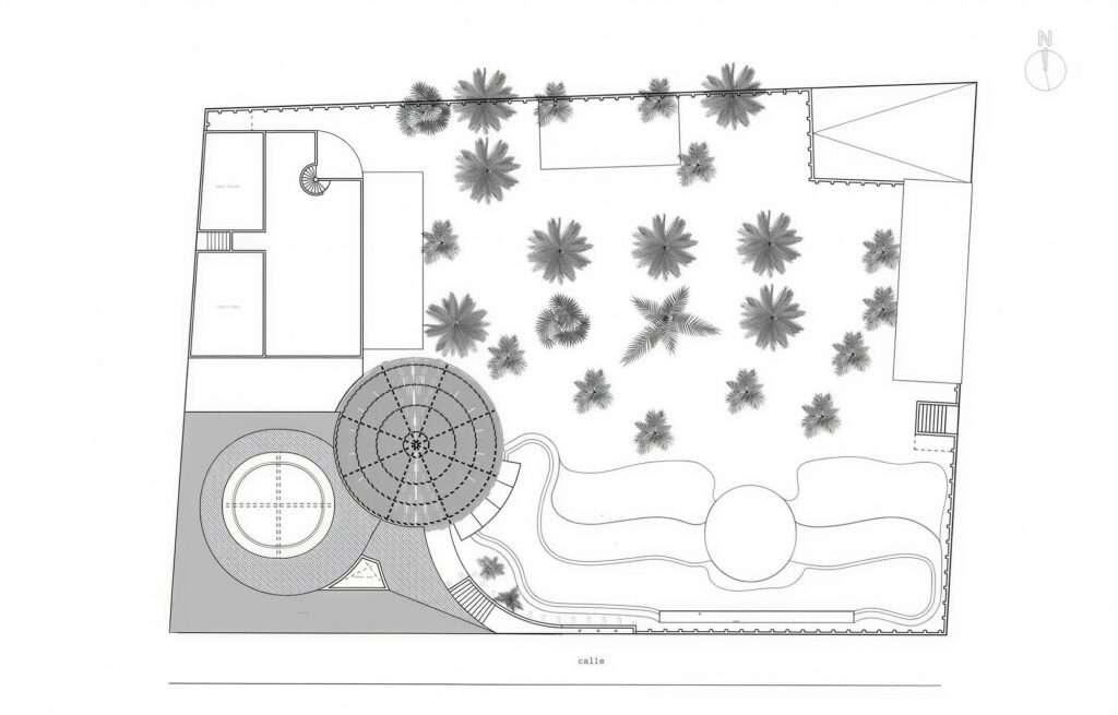 A black and white line drawing architectural site plan showing the second-level layout, circular thatched roof geometries, palm tree distributions, and an organic pool layout.