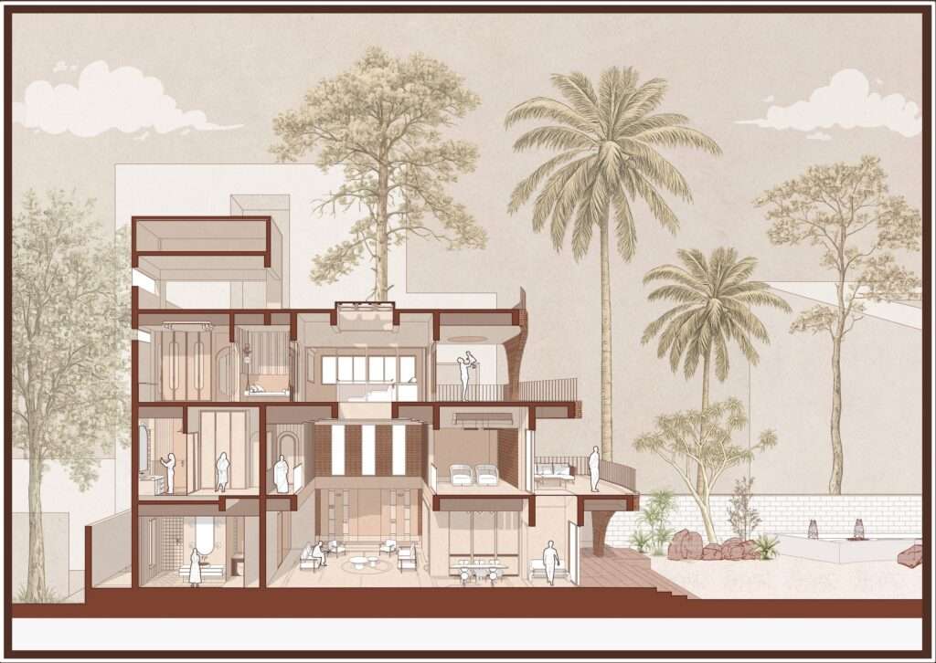 Architectural cross-section diagram showing the multi-story interior volumes, double-height lounge, vertical ventilation chimney paths, and surrounding trees.