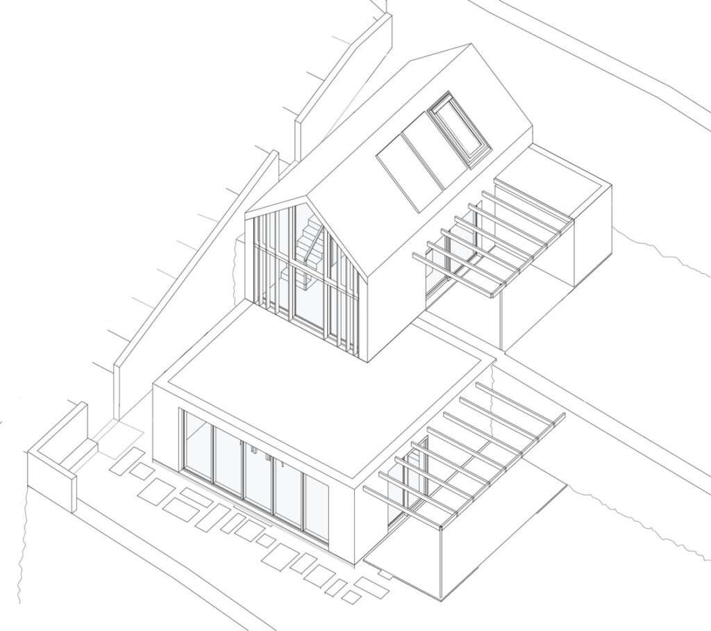 A precise black and white axonometric drawing of the two interconnected Jardim do Mar Houses. The drawing shows the lower studio with its large terrace and the separate upper gabled studio, detailing how they are vertically stacked on the slope. It illustrates the exposed wooden structure, roof skylights, and a custom-integrated multi-functional furniture unit.