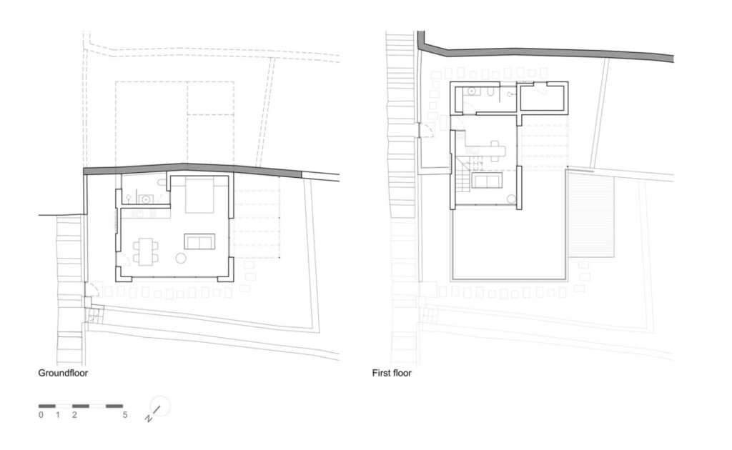 A architectural floor plan drawing showing two levels for the Jardim do Mar Houses: the Groundfloor and Firstfloor. Both are compact studios with kitchenettes and bathrooms. The drawings indicate large outdoor terraces, a pedestrian path with stairs, and the surrounding stone-walled plot boundaries.