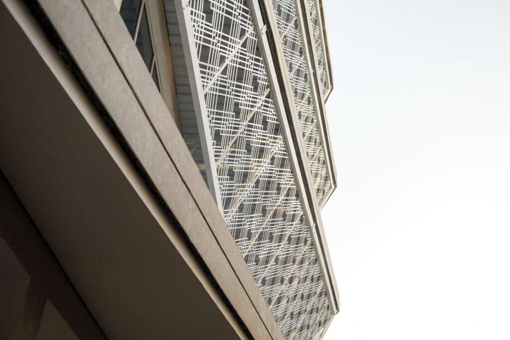 Close-up detail of the parametric metal screen inspired by Indonesian Batik patterns on the Indonesian Consulate building in Jeddah.