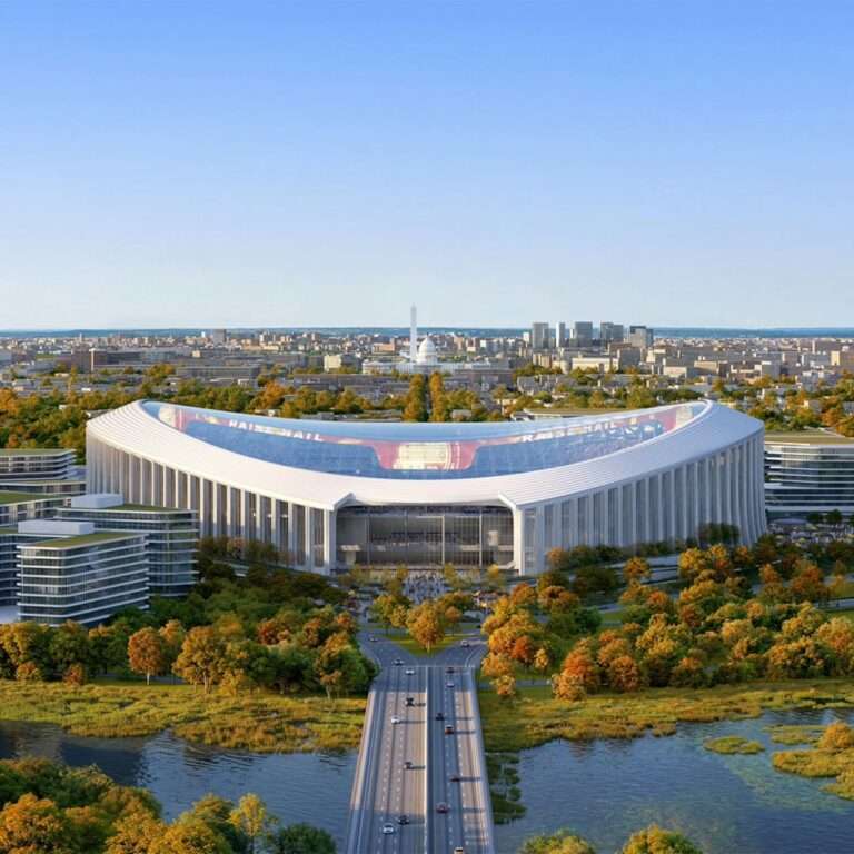 Aerial rendering of a stadium framed by Washington D.C. monuments and dynamic autumn foliage.