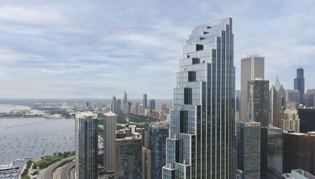 Aerial view of the stepped glass North Tower at 400 Lake Shore Drive in Chicago.