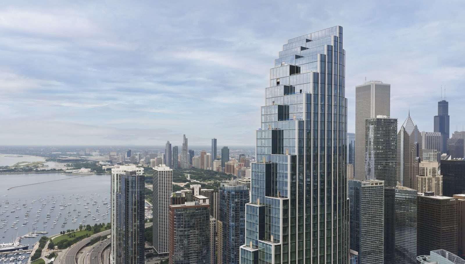 Aerial view of the stepped glass North Tower at 400 Lake Shore Drive in Chicago.
