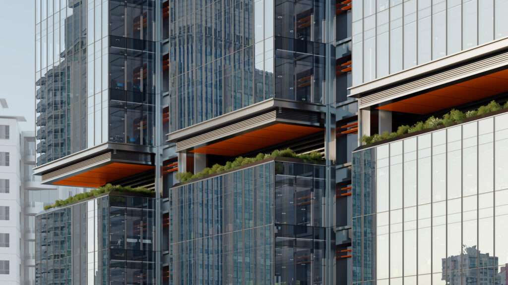 Close-up view of glass facade modules, orange-underside cantilevers, and sky garden planting beds.