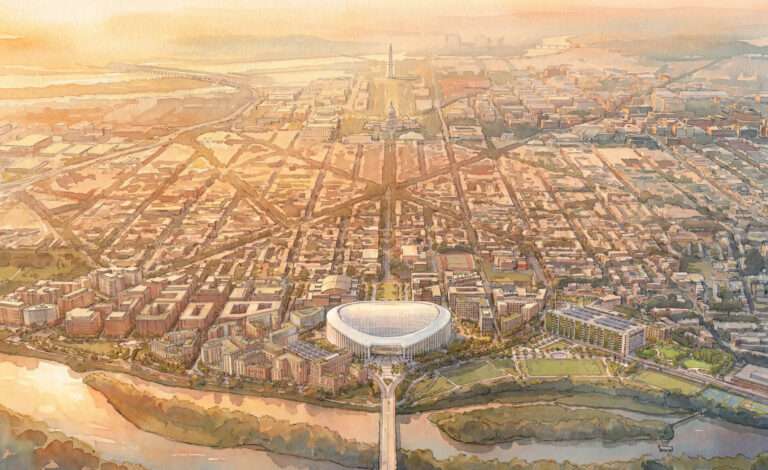 High-angle aerial watercolor rendering showing a stadium and development blocks along a river corridor.