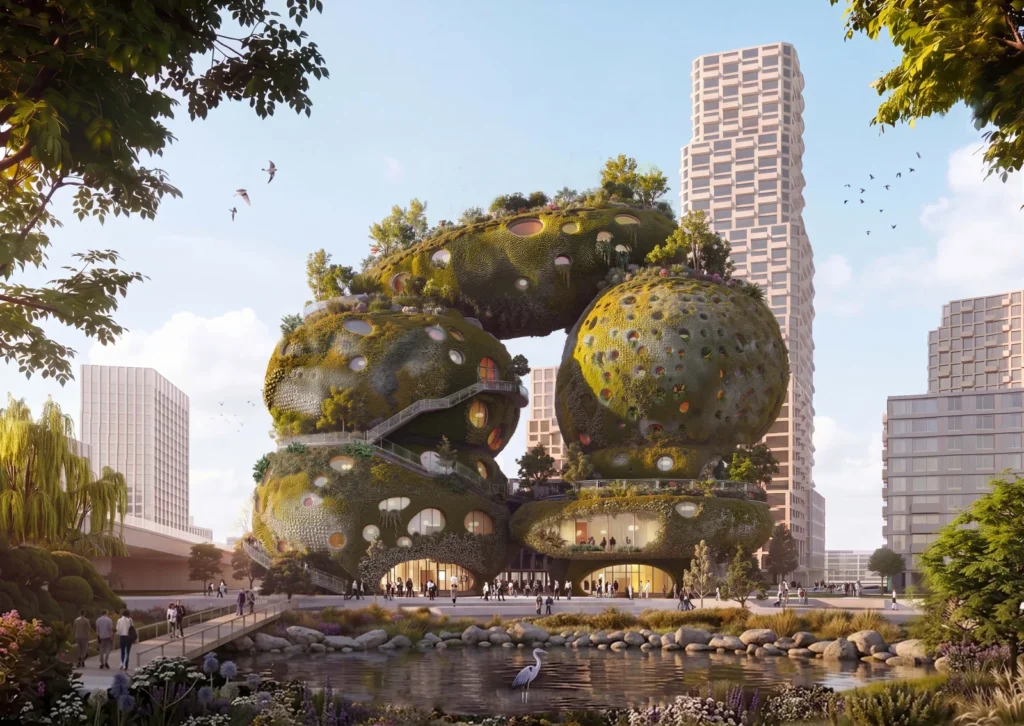 Front view of Rotterdam ROCKS building showing stacked organic green volumes and foreground pond.