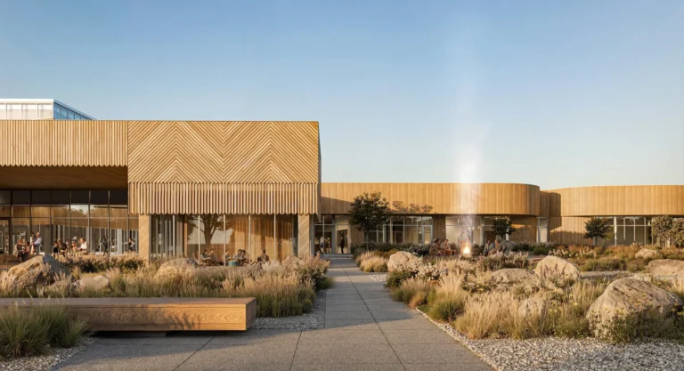 Exterior view of a wood-clad wellness center with native plantings and stone elements in the foreground.