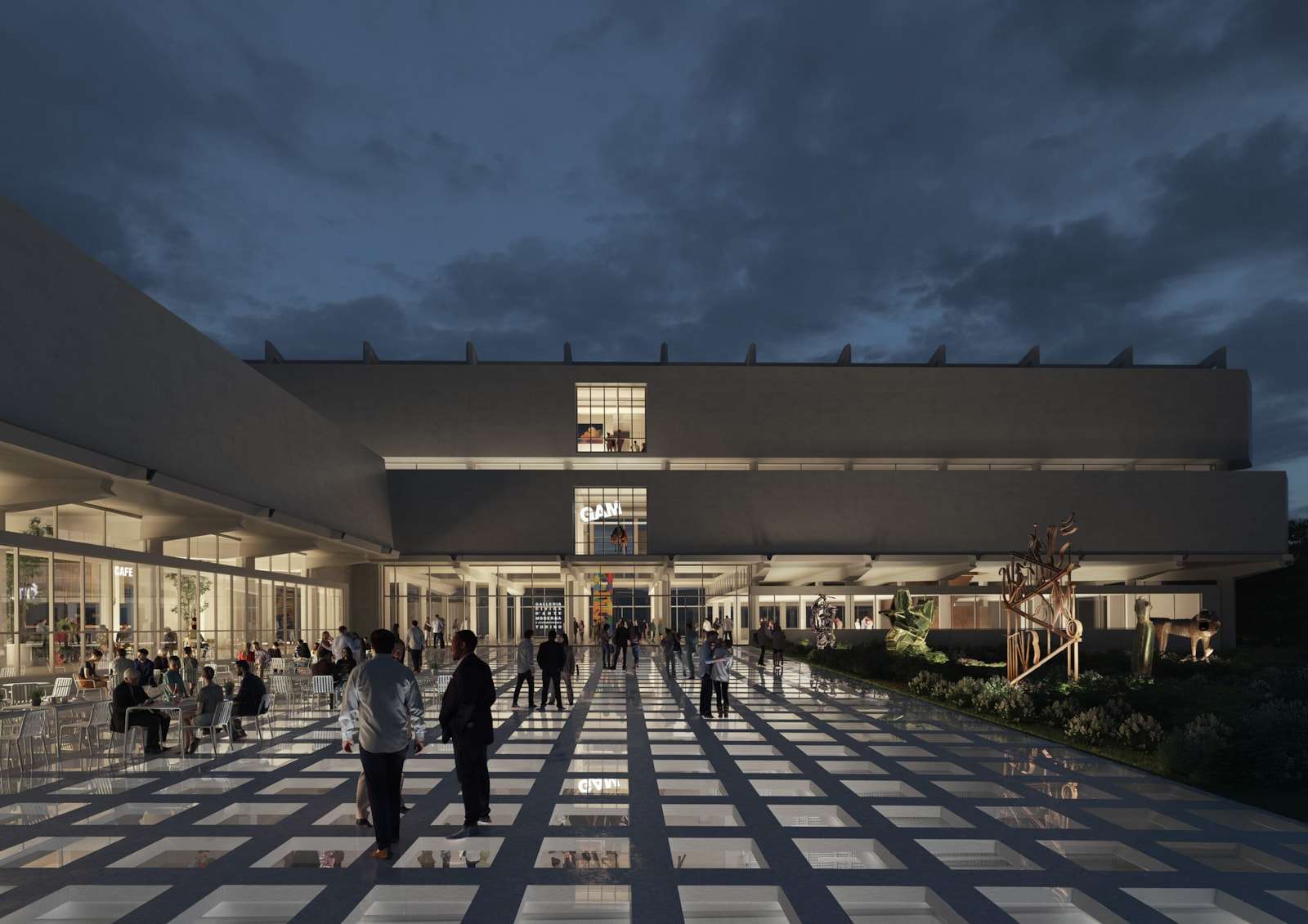A modern building facade at night with a public plaza featuring square ground openings and a cafe area.