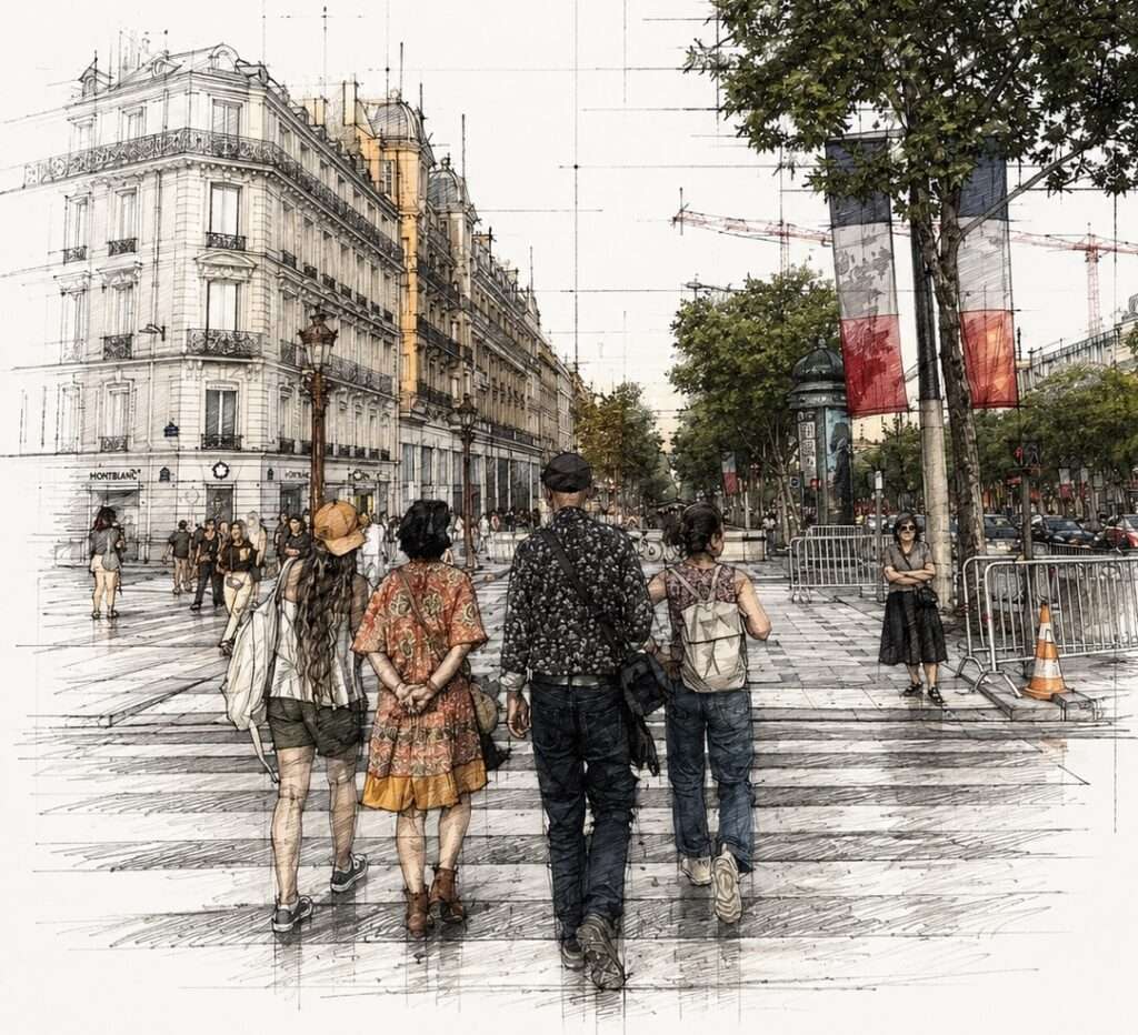 Architectural sketch of a Parisian boulevard transformed into a pedestrian zone with people walking across a crosswalk near historic Haussmann buildings and French flags.