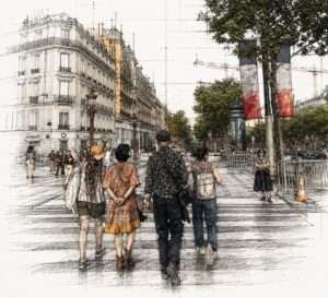 Architectural sketch of a Parisian boulevard transformed into a pedestrian zone with people walking across a crosswalk near historic Haussmann buildings and French flags.