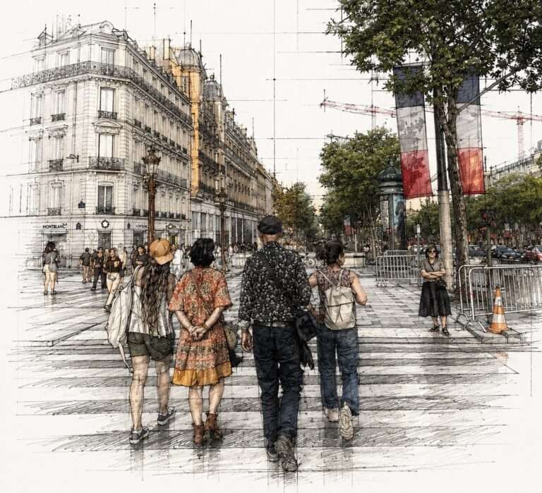Architectural sketch of a Parisian boulevard transformed into a pedestrian zone with people walking across a crosswalk near historic Haussmann buildings and French flags.
