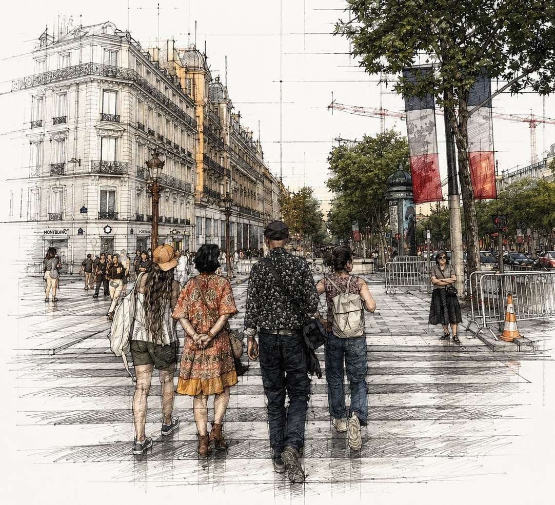 Architectural sketch of a Parisian boulevard transformed into a pedestrian zone with people walking across a crosswalk near historic Haussmann buildings and French flags.