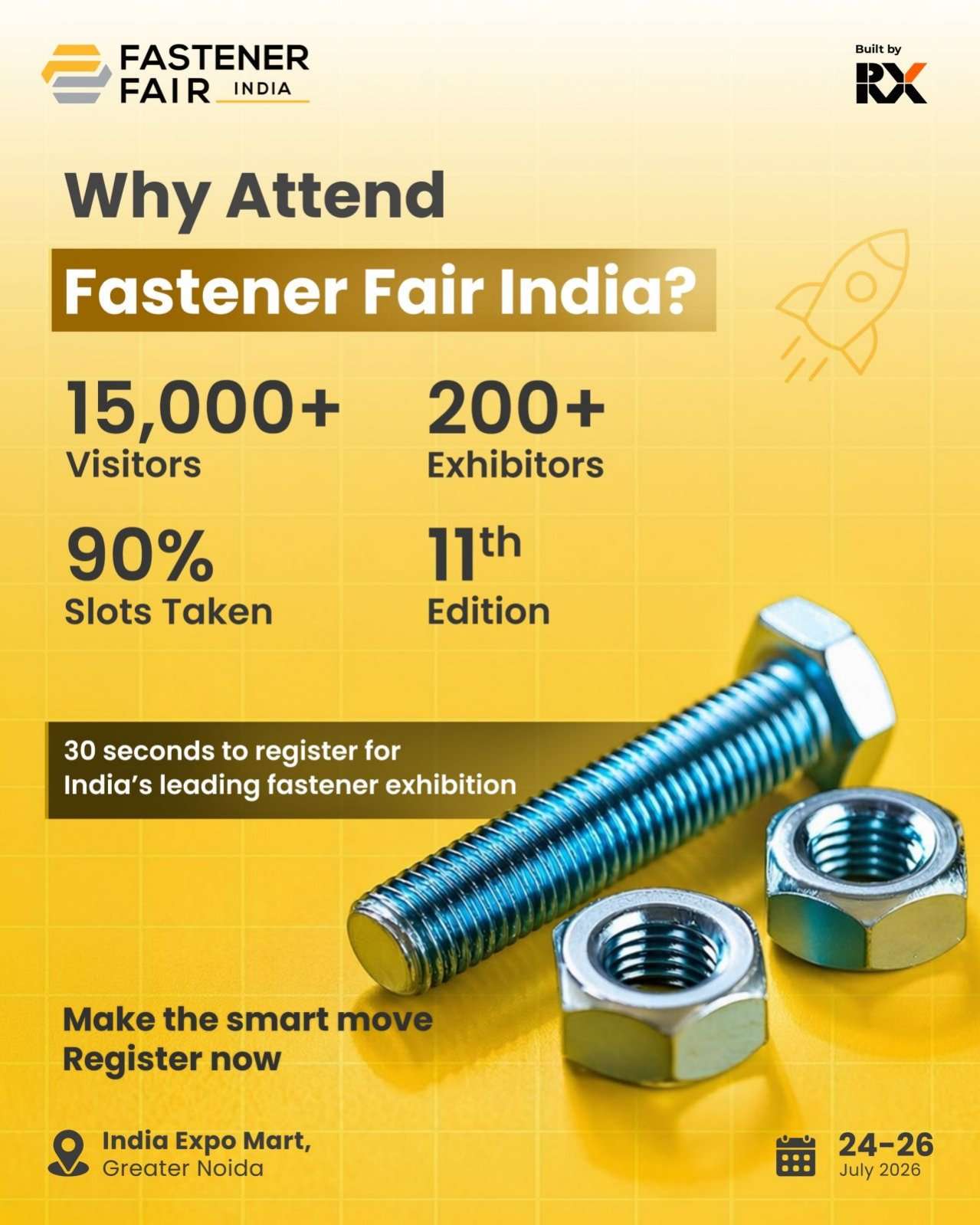Fastener Fair India 2026 promotional banner showcasing industrial fasteners, fixing technology, manufacturing equipment, and engineering innovation at India Expo Mart