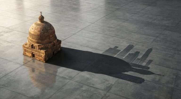 A scale model of an Islamic historic domed building casting a long shadow shaped like modern skyscrapers on a gray concrete tile surface, symbolizing the relationship between heritage and contemporary urban planning.