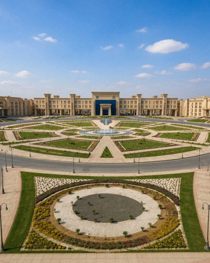 Ground-level view of a symmetrical classical facade with a large central glazed enclosure facing a circular fountain plaza.