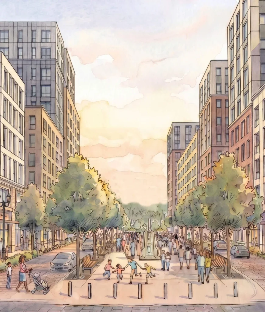 Street-level watercolor view of a wide pedestrian promenade lined with trees and mid-rise buildings.