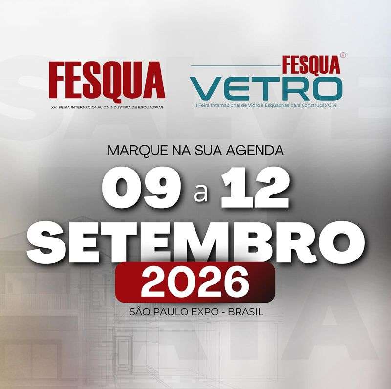 FESQUA 2026 official promotional banner showcasing windows, doors, façades, glass technology, and architectural building systems at Latin America's leading construction exhibition