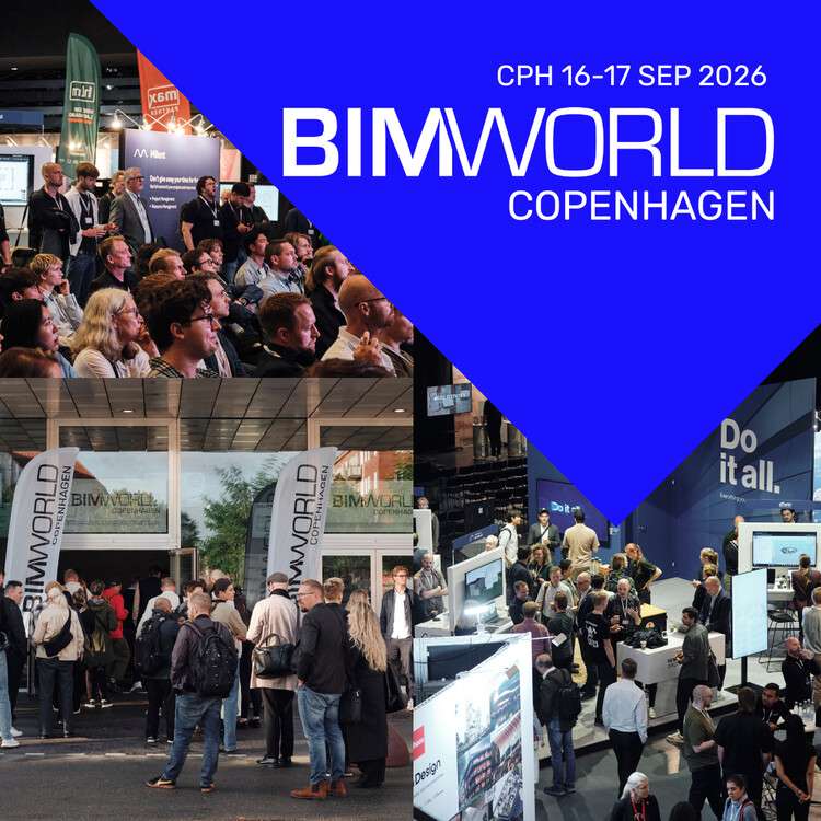 BIM World Copenhagen 2026 promotional banner showcasing digital construction, Building Information Modeling (BIM), AI, data management, and smart building technologies in Copenhagen, Denmark
