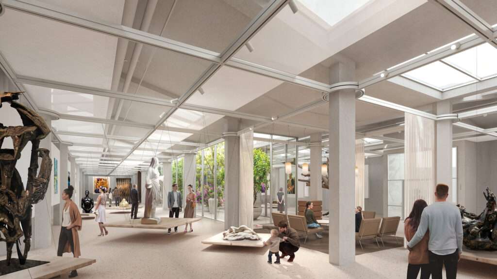 A spacious museum interior with structural columns, skylights, and sculptures on suspended display platforms.