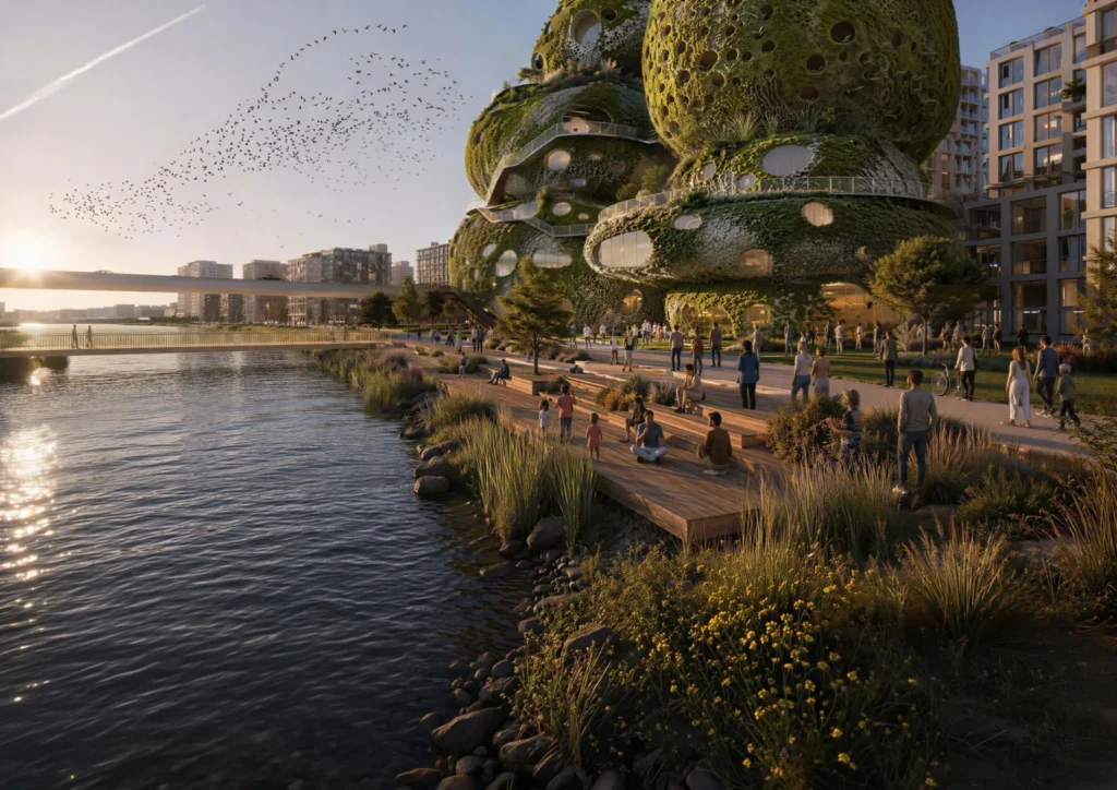 Waterfront boardwalk with people sitting near the organic green facades of Rotterdam ROCKS at sunset.