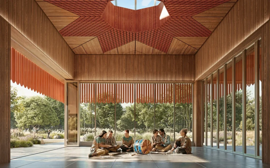 Interior room lined in wood featuring a star-shaped skylight overhead and glazed perimeter walls.