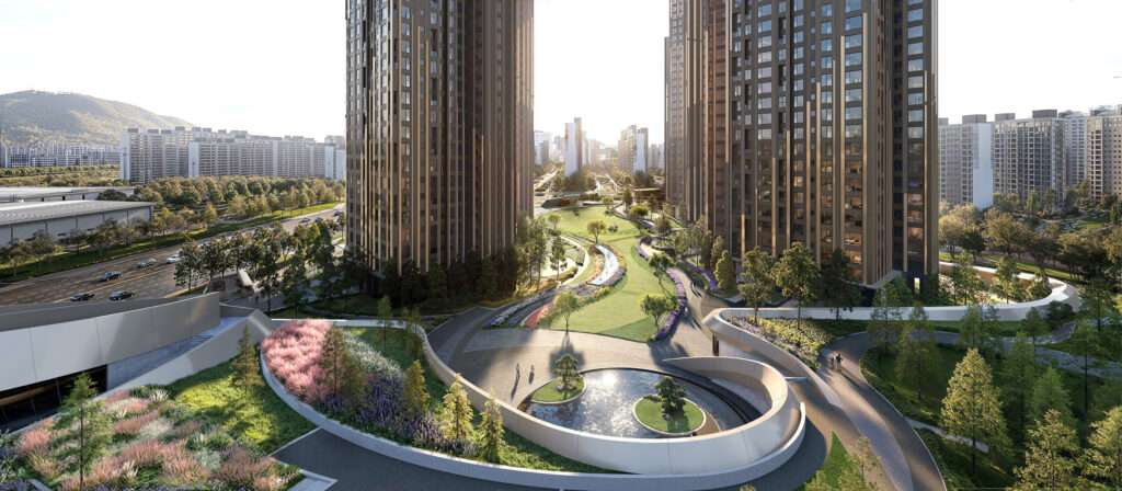 High-angle view of curvilinear walking paths, landscaped gardens, and a circular pond between the high-rise towers.