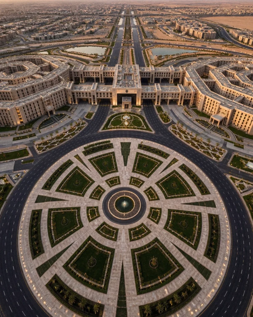 Elevated perspective of stone-clad octagonal structures aligned along a central axis with a geometric road network.