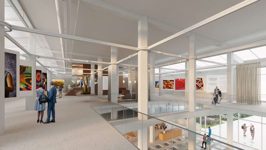 An interior rendering of a multi-level museum gallery with white columns and artworks on walls.