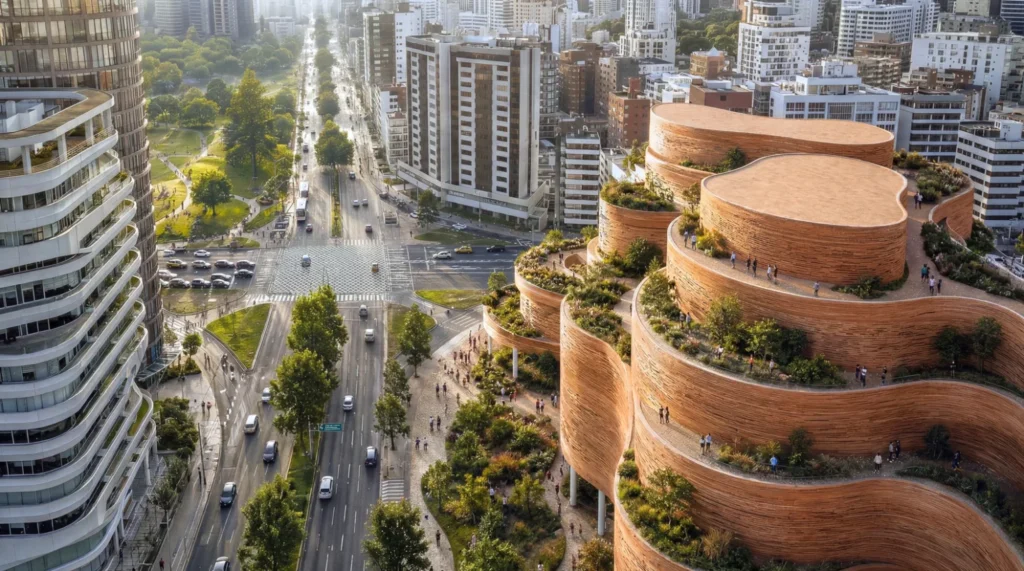 Elevated view of stepped building terraces with planted walkways and pedestrians walking along curved paths.