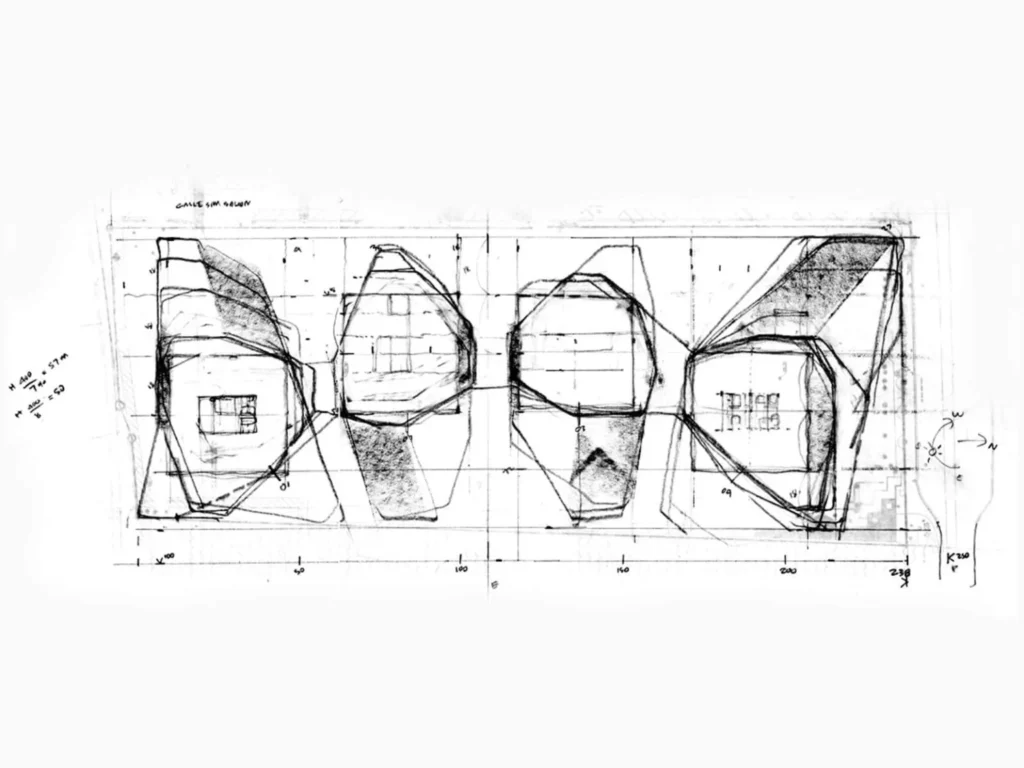 Architectural hand sketch showing tower footprints, rotational geometry, and site boundaries.