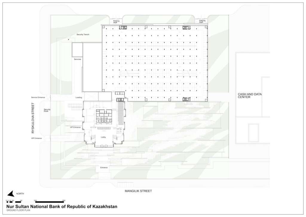 An architectural ground floor plan showing the entrance, lobby, parking layout, and cash center.