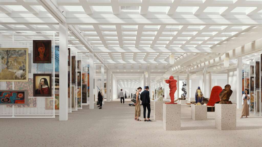 A wide interior gallery with a coffered ceiling structure and paintings displayed on mesh panels.