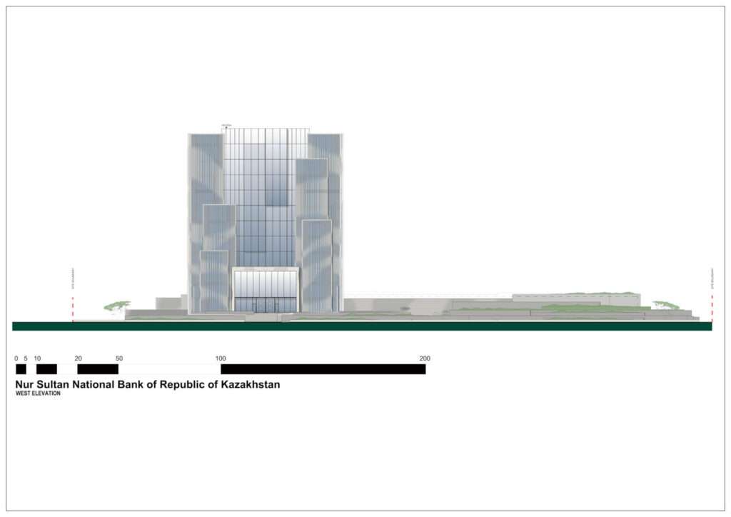 An architectural west elevation showing the building's stepped facade profiles and main entrance threshold.