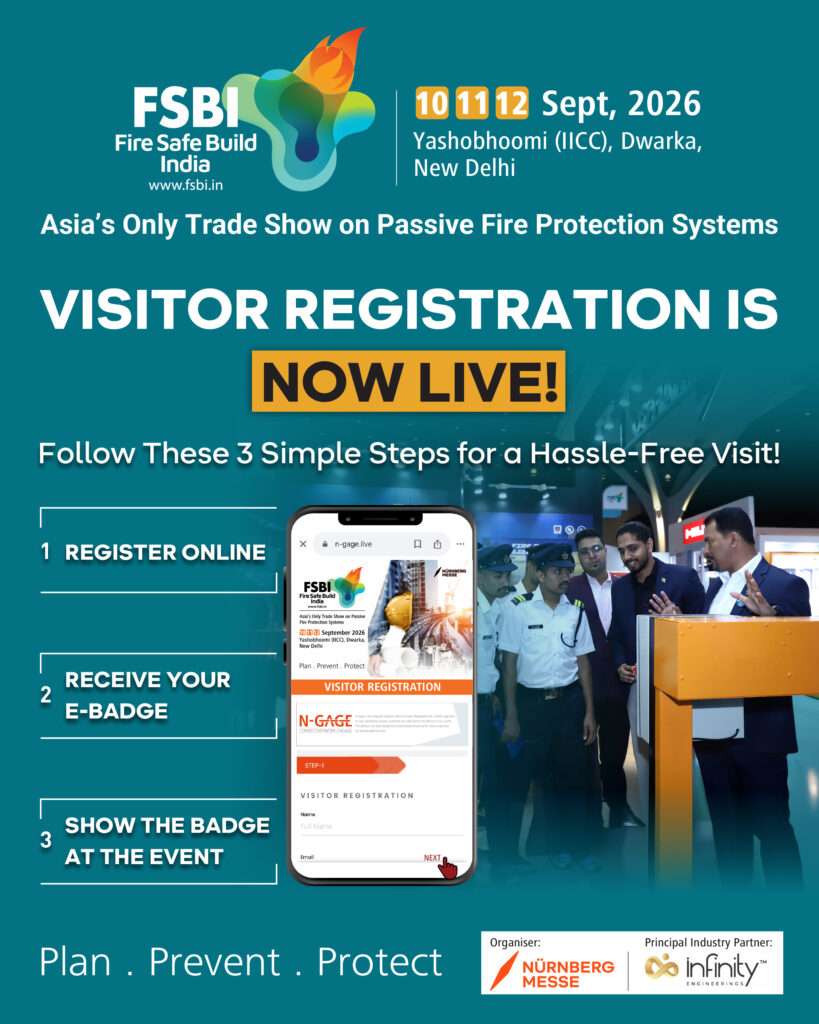Fire Safe Build India 2026 promotional banner showcasing fire safety engineering, passive fire protection, building safety systems, and construction fire prevention technologies in India