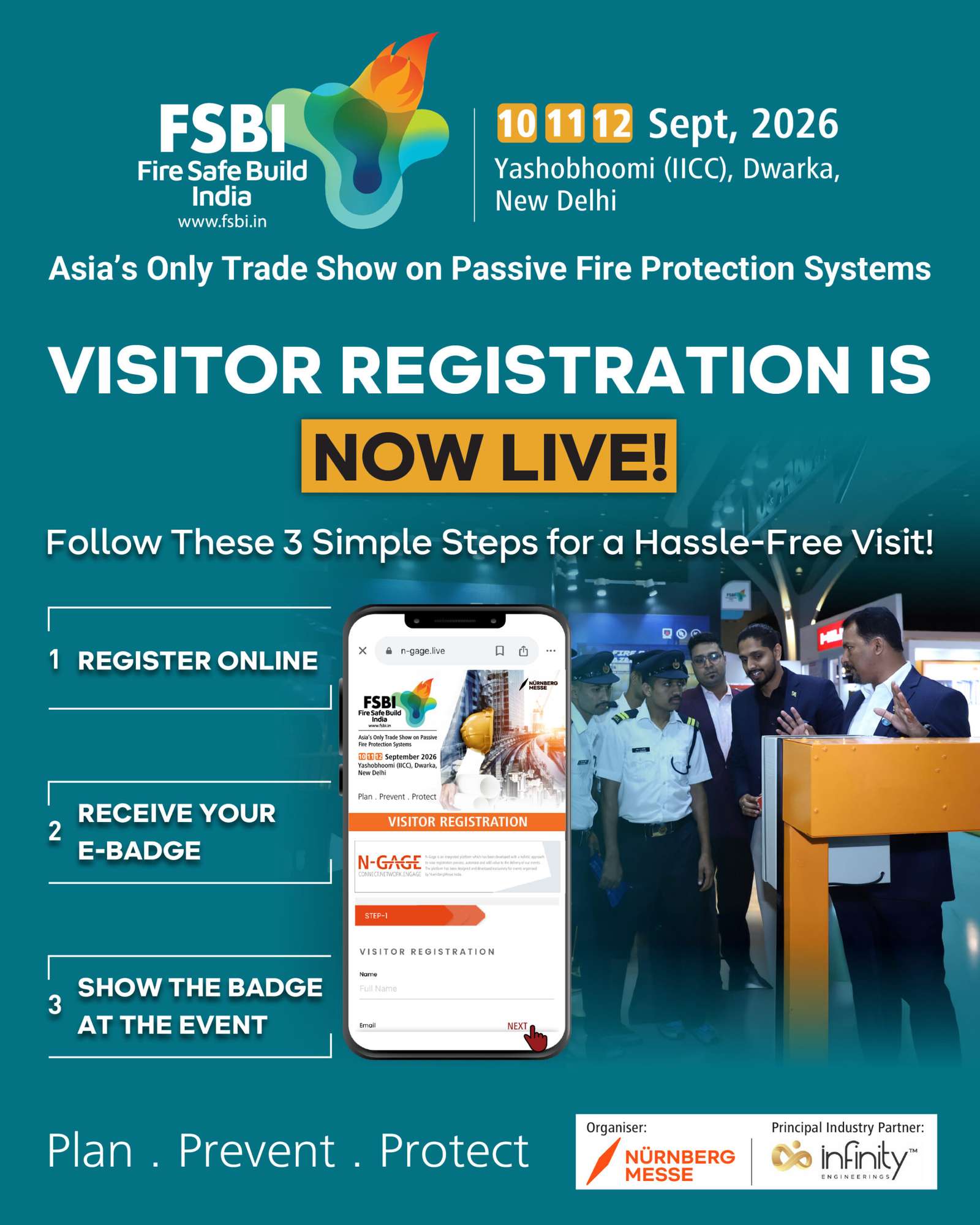 Fire Safe Build India 2026 promotional banner showcasing fire safety engineering, passive fire protection, building safety systems, and construction fire prevention technologies in India