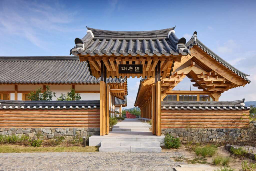 Front view of a traditional Korean timber entrance gate with a tiled dark gabled roof and wooden brackets, leading to an inner stone pathway between pavilions.
