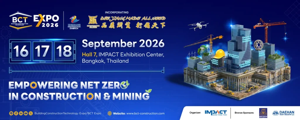 BCT Expo 2026 official promotional banner showcasing construction technology, building materials, machinery, mining equipment, smart construction solutions, and engineering innovations in Bangkok, Thailand