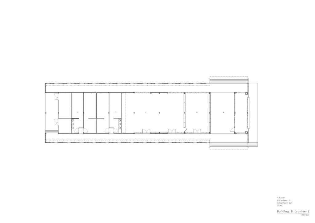 Technical architectural floor plan drawing of Building B canteen layout, detailing the foyer, main canteen halls, and restroom facilities.