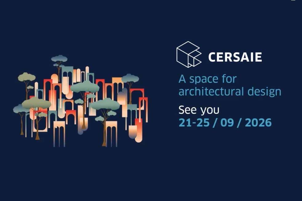 Cersaie 2026 official promotional banner showcasing ceramic tiles, architectural surfaces, bathroom furnishings, interior design materials, and innovative surface solutions in Bologna, Italy