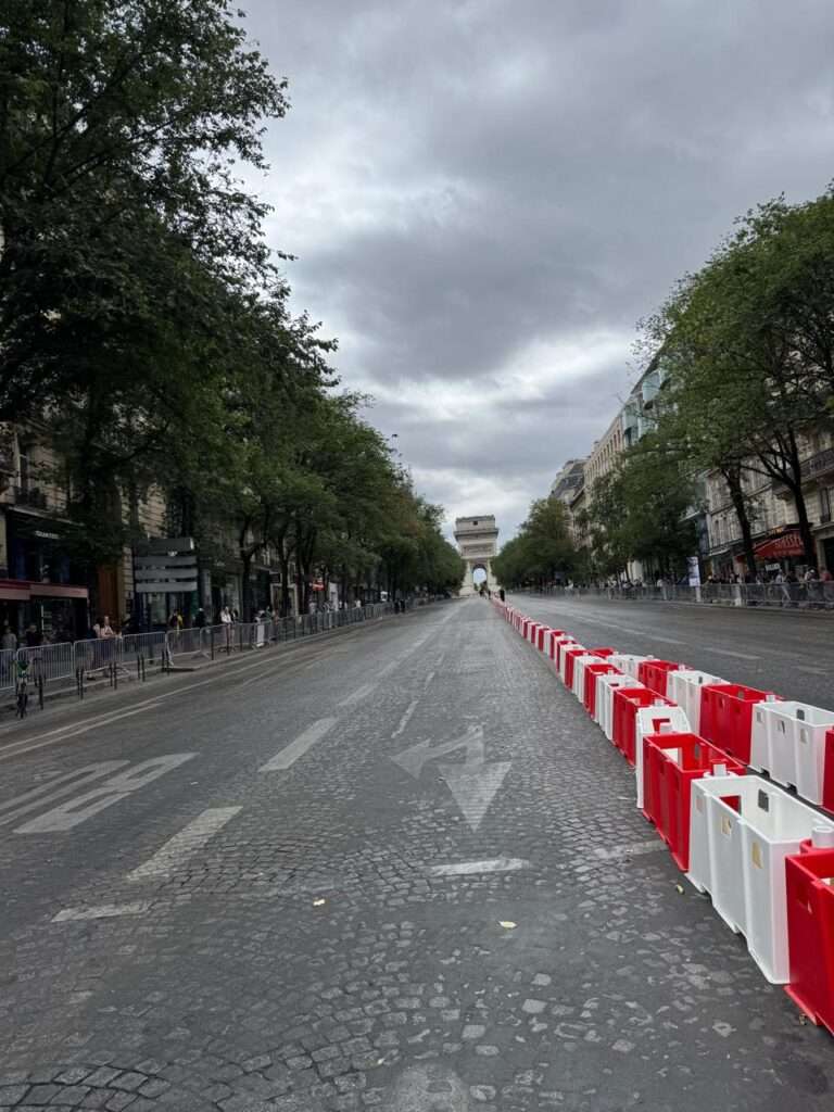 A wide, empty cobblestone boulevard in Paris with a pedestrian crosswalk in the foreground and tree-lined sidewalks stretching into the distance.