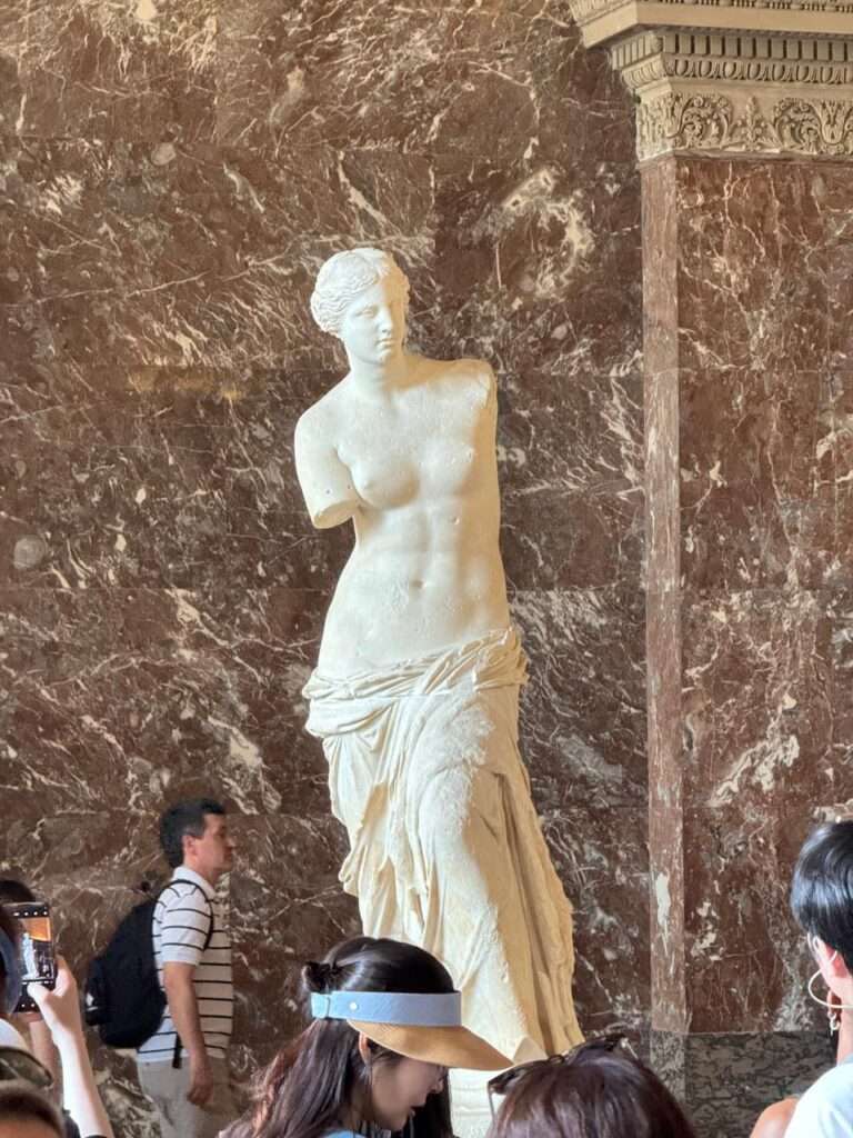 The famous Venus de Milo marble statue displayed prominently against a backdrop of dark, heavily veined reddish marble as tourists gather around to take photographs.